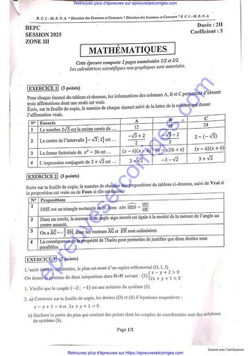 Preuve et Corrigé de Mathématiques – BEPC Session 2025 Zone 3