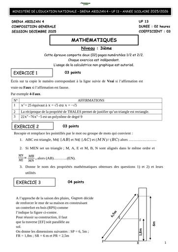 SUJET COMPO PARTIELLE DE DECEMBRE 2025 MATHS 3ième PROVINCIAL