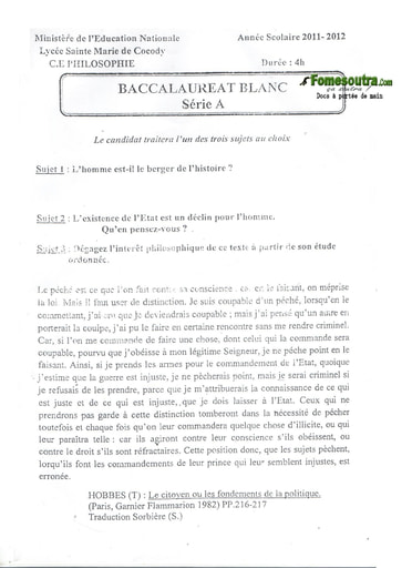 Sujet de Philo BAC blanc 2012 série A1 et A2 Lycée Sainte Marie de Cocody