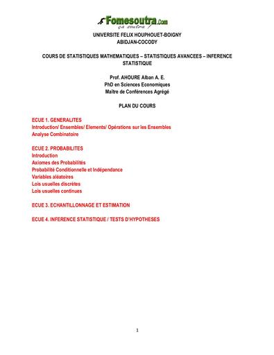 UFHB de Cocody Cours de Stat Proba Ufr SeG by TEHUA