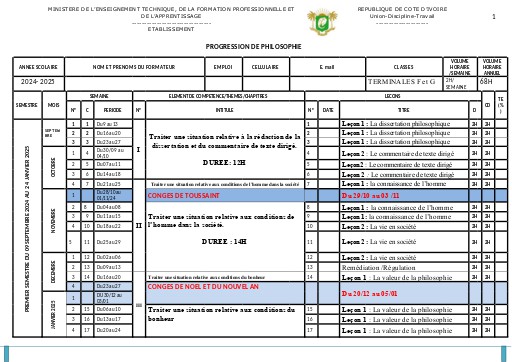 Progression de Philosophie Tle F G et Tle B H 2024 2025