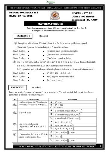 DEVOIR DE MATHS NIVEAU 1ière A2 SAINTE MOISE SUR Leçon 1 2026 BY TEHUA