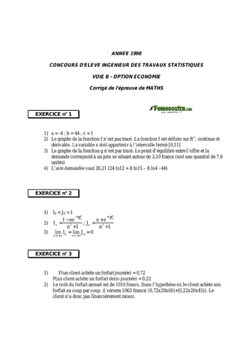 Corrigé Maths ITS B option Economie 1998 (ENSEA)