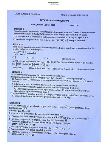 Sujet de Mathématique Première D Lycée Classique Abidjan 2022-2023