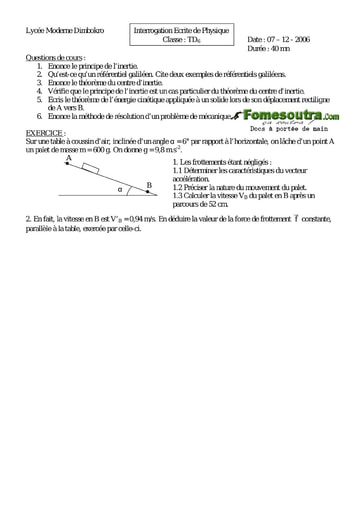 Interrogation 14 de Physique niveau Terminale D