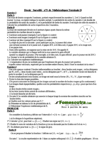 Devoir corrigé (22) de maths niveau Terminale D