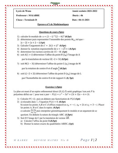 DEVOIR DE MATHS Tle D LYCEE DE WONA 2024 BY TEHUA
