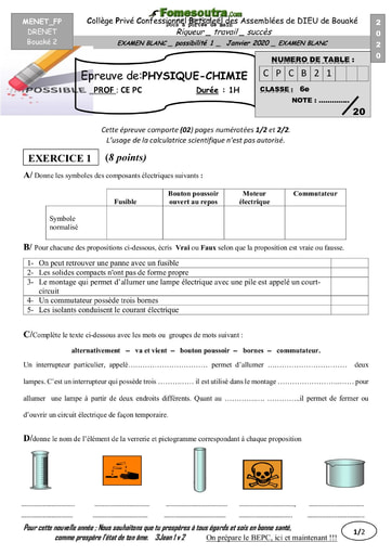 Sujet de Physique-Chimie niveau 6 ème - Collège Privé Confessionnel Betsaleel des Assemblées de DIEU de Bouaké