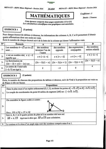 BEPC BLANC 2026 DRENA ABIDJAN 2 SUJET MATHS (SUJET) by TEHUA