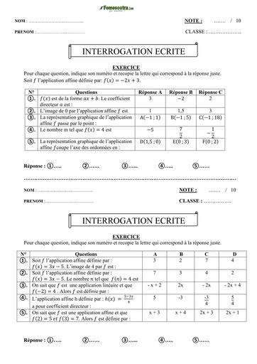 INTERROGATION ECRITE MATHS TRIMESTRE 3 APPLICATIONS AFFINES 2 Niveau 3ième by TEHUA