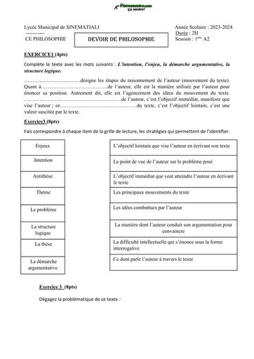 DEVOIR DE PHILO 1ière A2 Lycée Municipal de SINEMATIALI by TEHUA