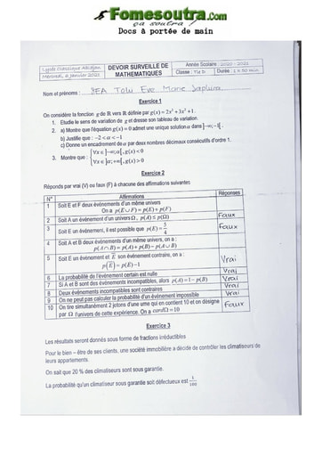 Devoir Mathématique Terminale D 2020-2021 Lycée Classique Abidjan