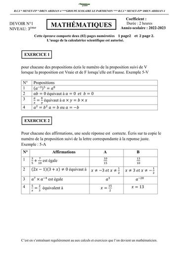 DEVOIR DE MATHS NIVEAU 3ième N°1  Collège pathenon by TEHUA