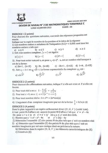 Sujets de Mathématique série C Lycée Classique d'Abidjan 22-23