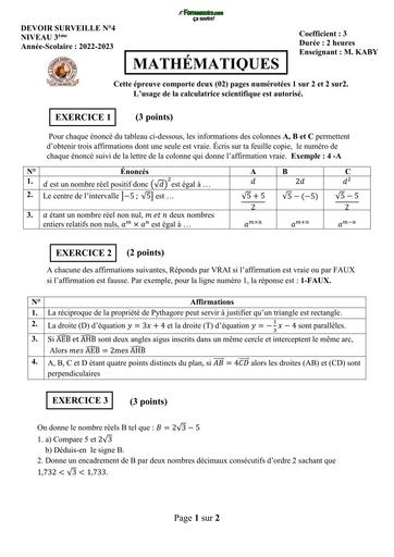 DEVOIR DE NIVEAU MATHS 3ième TRIMESTRE 3 KABY BY TEHUA