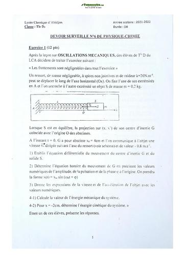 Sujet de Physique-Chimie Terminale D 2021-2022 Lycée Classique Abidjan