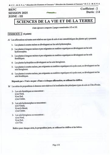 BEPC 2025 SVT ZONE 3 SUJET+CORRIGE Côte d'Ivoire BY TEHUA