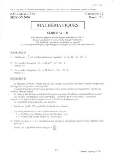 EPREUVE BAC 2020 MATHS SERIE A2 COTE D'IVOIRE