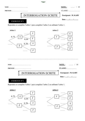 INTERROGATION ECRITE N°3 MATHS niveau Tle D (Probabilité) by TEHUA