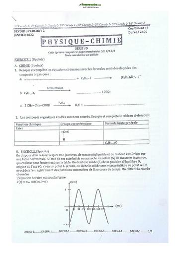 Sujet de Physique-Chimie Terminale D Lycée Classique Abidjan 2021-2022