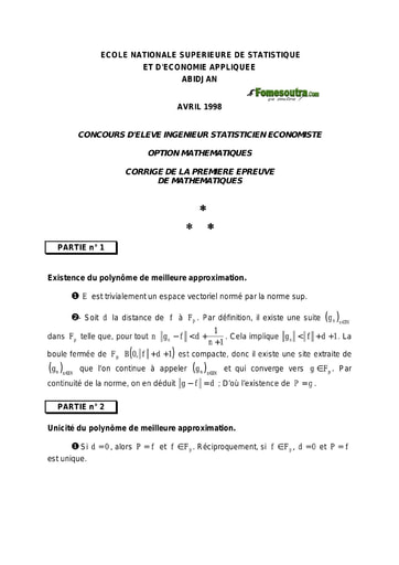 Corrigé 1ère épreuve de maths ISE option maths 1998 (ENSEA - ENSAE - ISSEA)