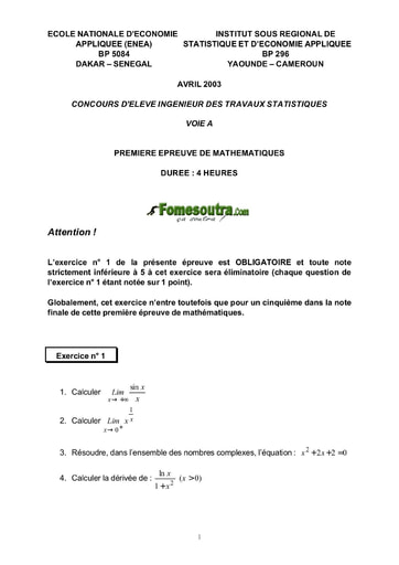 Sujet 1ère épreuve de maths ITS A 2003 (ENSEA - ENSAE - ISSEA)