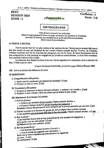 SUJET BEPC 2024 ORTHOGRAPHE Zone 1 by Tehua