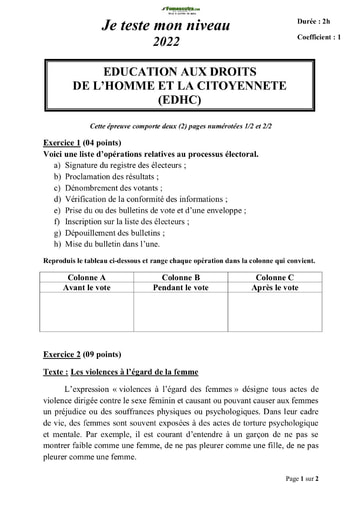 Devoir EDHC Niveau 3ème Collège Sainte Foi Abidjan 21-22