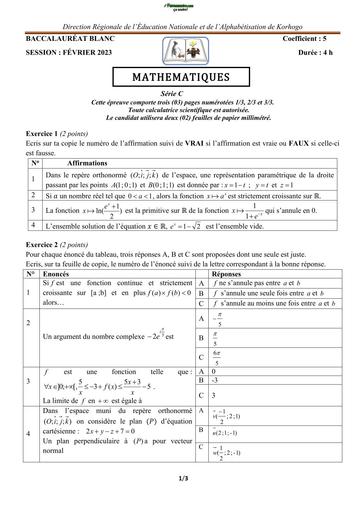 BAC BLANC 2023 SUJET DE MATHS SERIE C KORHOGO BY TEHUA