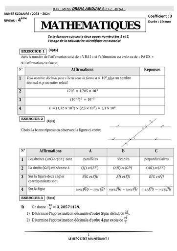 SUJET Partiel décembre 2023 maths 4ième