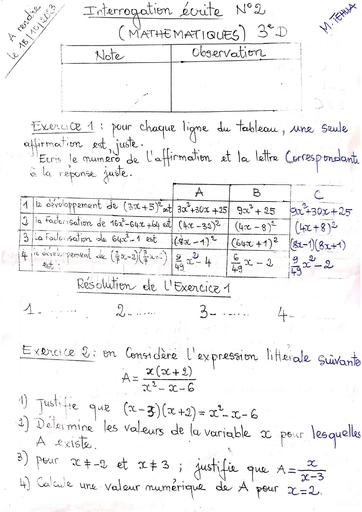 Interrogation maths N°2 Nov 2023 classe 3ieme by Tehua