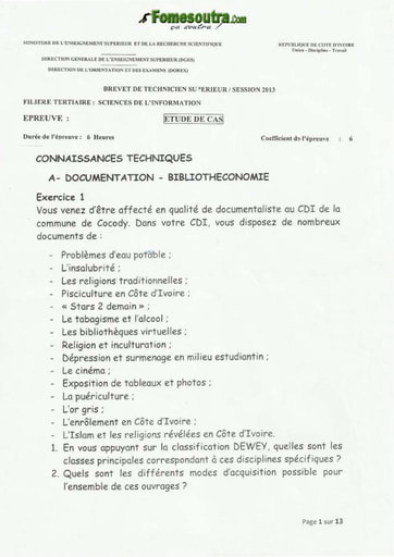 Etude de Cas BTS Sciences de l'Information 2013