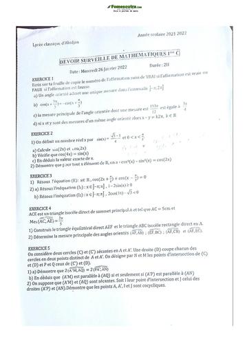 Sujets de mathématiques Première C Lycée Classique Abidjan 2022-2023