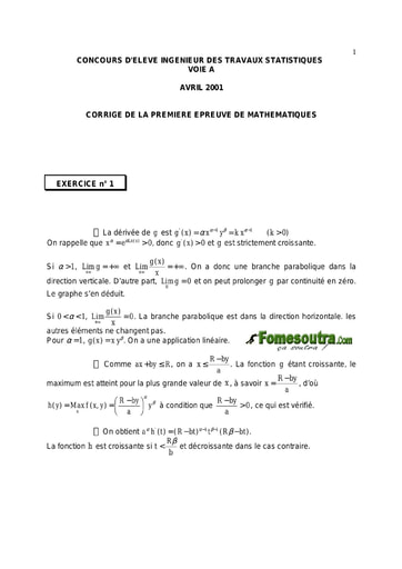 Corrigé 1ère épreuve de maths ITS A 2001 (ENSEA - ENSAE - ISSEA)