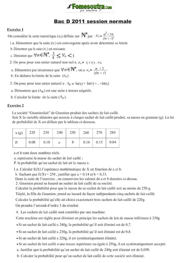 Sujet de Maths BAC D 2011