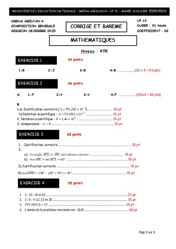 BAREME COMPOSITION GENERALE SESSION DECEMBRE 2025 MATHS 4ième SUJET en WORD