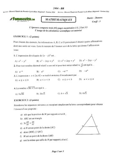 Bepc BLANC 2024 Maths sujet+barème by Tehua