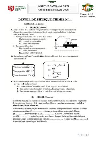 DEVOIR DE PHYSQUE CHIMIE  N°1 2nde C (Mouvements et elements chimiques) INSTITUT GIOVANNI BIFFI Octobre 2025 by TEHUA
