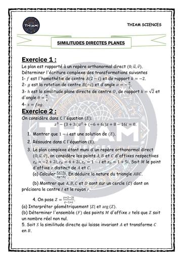FICHE DE TD MATHS Correction des exercices sur les similitudes directes planes (THIAM SCIENCES) by TEHUA