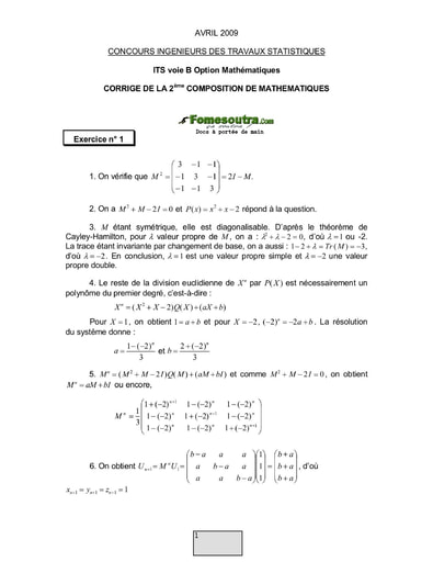 Corrigé 2ème épreuve de maths ITS B option Maths 2009 (ENSEA)