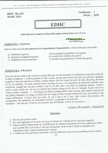 EDHC BEPC blanc Mars 2015 DRENET Ferkessédougou