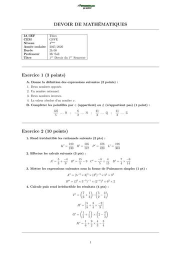DEVOIR DE MATHS NIVEAU 4ième 2026 BY TEHUA