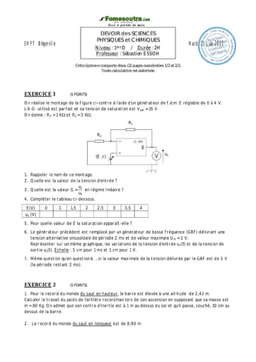 Devoir (5) de Physique-chimie 1ère D EMPT Bingerville