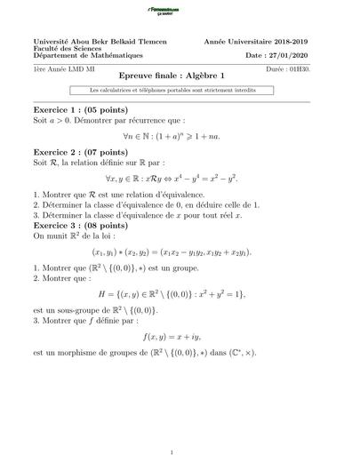 Examen2 Algèbre 1 MI L1 Tlemcen by TEHUA
