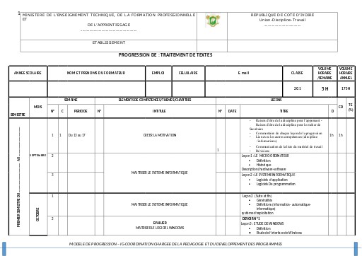PROGRESSION DE  TRAITEMENT DE TEXTES 2nde G1
