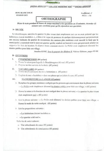 EXAMEN BLANC INTERNE ABOISSO NOE BEPC ORTHOGRAPHE DQ 3ième BY TEHUA