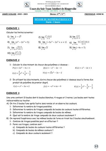 Cours du Soir Team Intellect de BINGERVILLE DEVOIR N°2 de maths 2nde / 1ere
