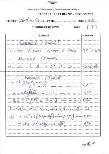 BAC BLANC MARS 2026 DRENA ABIDJAN 4 SUJET MATHS SERIE D (BAREME) by TEHUA