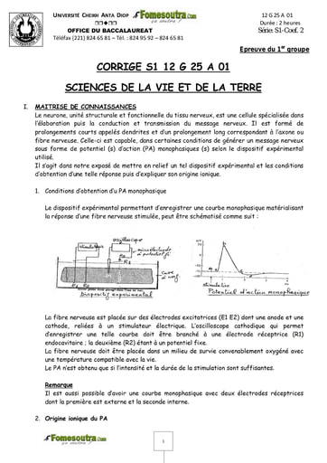 Corrigé du sujet de SVT du BAC S1 2012 - Sénégal