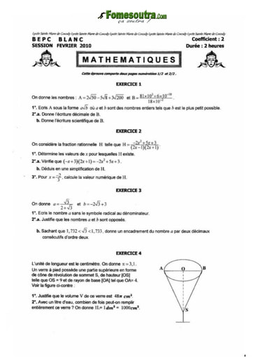 Sujet de Maths BEPC blanc 2010 Lycée Sainte Marie de Cocody